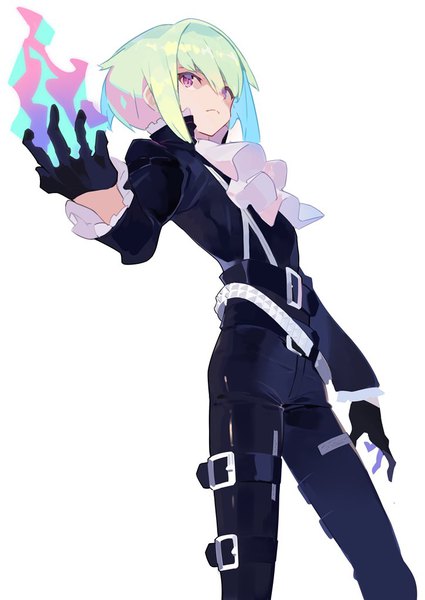 Anime picture 724x1023 with promare studio trigger lio fotia hajime (hajime-ill-1st) single tall image fringe short hair simple background hair between eyes white background purple eyes green hair boy gloves black gloves belt thigh strap neckerchief flame