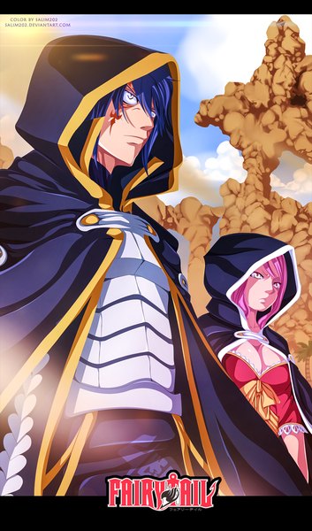 Anime picture 1027x1744 with fairy tail jellal fernandes meredy (fairy tail) salim202 long hair tall image short hair blue hair pink hair sky cloud (clouds) pink eyes inscription tattoo coloring facial mark dust girl boy armor