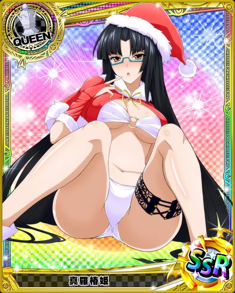 Anime picture 640x800 with highschool dxd shinra tsubaki single tall image looking at viewer blush breasts open mouth light erotic black hair brown eyes very long hair fur trim christmas card (medium) girl navel swimsuit hat bikini