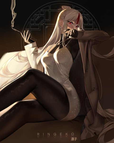 Anime-Bild 4000x5000 mit genshin impact ningguang (genshin impact) ringeko-chan single tall image looking at viewer fringe highres breasts red eyes holding signed absurdres silver hair bent knee (knees) long sleeves very long hair off shoulder open clothes arms up