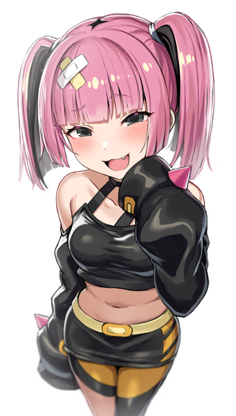 Anime picture 2723x4792 with pokemon pokemon horizons nintendo sango (pokemon) greatmosu single tall image looking at viewer blush highres short hair open mouth black hair simple background standing white background twintails bare shoulders pink hair long sleeves