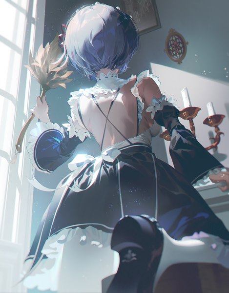 Anime picture 1172x1500 with re:zero kara hajimeru isekai seikatsu white fox rem (re:zero) fajyobore single tall image short hair standing holding blue hair indoors arm up from behind sunlight blurry from below maid standing on one leg soles frilled dress
