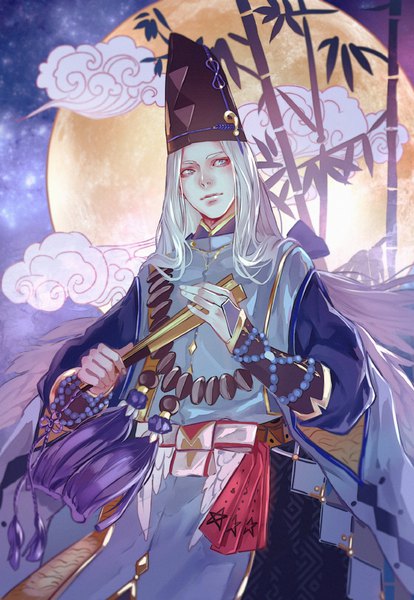 Anime picture 690x1000 with onmyoji abe no seimei (onmyoji) saito yukihiro single long hair tall image blue eyes standing holding looking away silver hair cloud (clouds) outdoors traditional clothes japanese clothes wind night night sky eyeshadow boy
