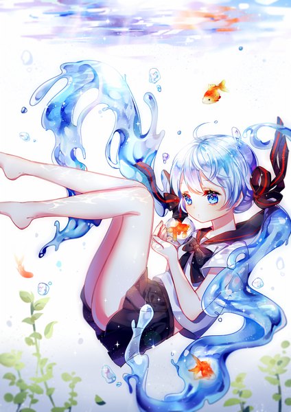 Anime picture 650x919 with vocaloid hatsune miku bottle miku shina (sbk951121) single tall image fringe blue eyes light erotic twintails payot blue hair ahoge bent knee (knees) very long hair pleated skirt barefoot sunlight bare legs sparkle