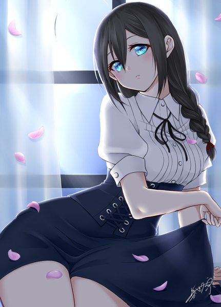 Anime picture 2646x3679 with kantai collection shigure destroyer aoyashio rin single long hair tall image looking at viewer blush fringe highres blue eyes black hair hair between eyes sitting signed payot ahoge indoors braid (braids) parted lips