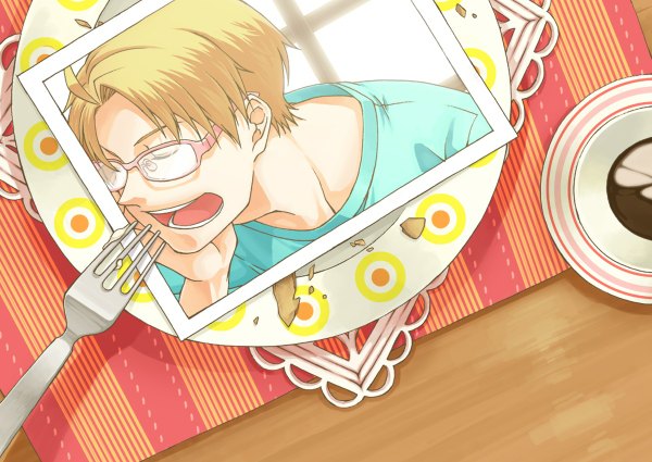 Anime picture 1200x850 with axis powers hetalia studio deen america (hetalia) short hair blonde hair eyes closed eating boy glasses plate fork photo (object)