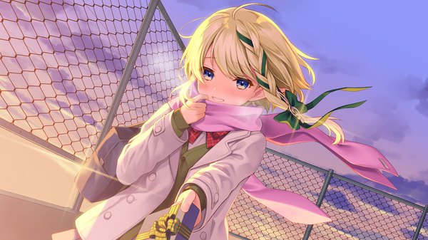 Anime picture 1000x563 with virtual youtuber aria project 2.0 senjou aria geroro single looking at viewer blush fringe short hair blue eyes blonde hair smile hair between eyes wide image sky cloud (clouds) ahoge upper body outdoors braid (braids)