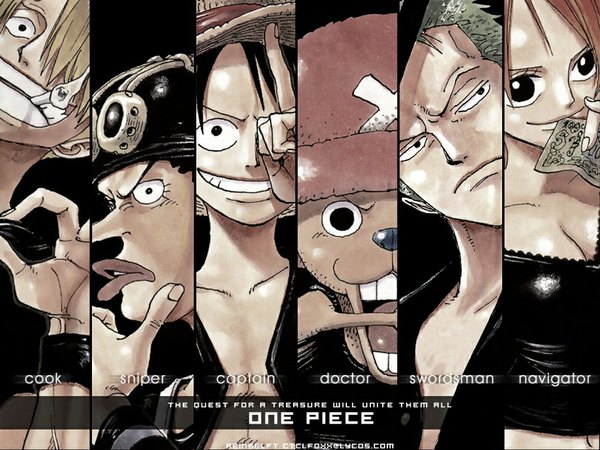 Anime picture 1024x768 with one piece toei animation nami (one piece) monkey d. luffy roronoa zoro sanji tony tony chopper usopp looking at viewer fringe open mouth black hair smile looking away green hair black eyes hair over one eye inscription smoke multiview