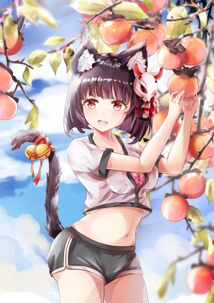 Anime picture 1414x2000 with azur lane yamashiro (azur lane) mutang single tall image looking at viewer blush fringe short hair open mouth light erotic black hair red eyes standing holding animal ears sky cleavage cloud (clouds) outdoors