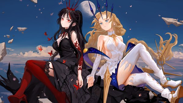 Anime picture 2000x1126 with original fkey long hair looking at viewer blush fringe highres breasts blue eyes light erotic black hair blonde hair red eyes wide image large breasts sitting multiple girls payot looking away sky