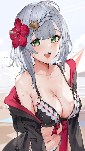 Anime picture 1723x3035 with genshin impact noelle (genshin impact) xkirara39x single tall image looking at viewer fringe highres short hair breasts open mouth light erotic large breasts green eyes silver hair :d hair flower wet girl flower (flowers)