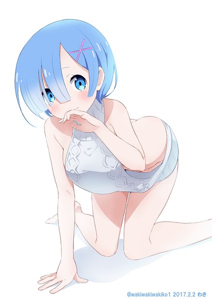 Anime picture 1000x1412 with re:zero kara hajimeru isekai seikatsu white fox rem (re:zero) neki (wakiko) single tall image looking at viewer blush fringe short hair blue eyes light erotic simple background white background bare shoulders signed blue hair hair over one eye twitter username dated