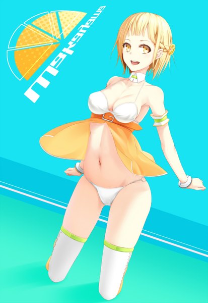 Anime picture 1000x1453 with original koyaya (sorano) single tall image short hair breasts open mouth light erotic simple background blonde hair bare shoulders yellow eyes inscription kneeling half updo girl thighhighs navel hair ornament black thighhighs