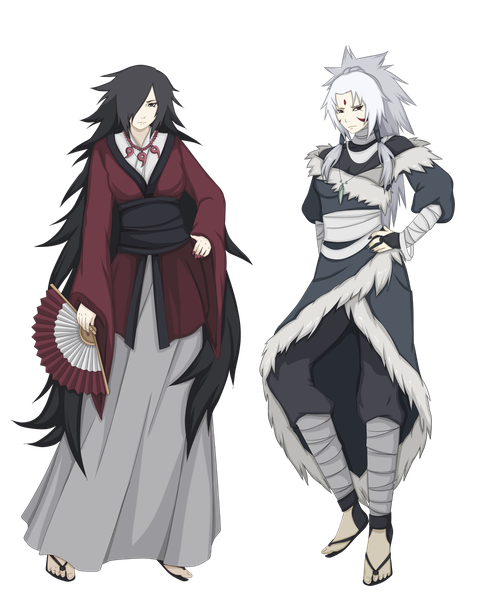 Anime picture 1313x1600 with naruto original studio pierrot naruto (series) fireeaglespirit long hair tall image looking at viewer fringe breasts black hair red eyes standing multiple girls holding payot full body bent knee (knees) white hair ponytail