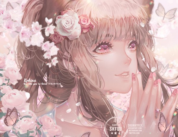 Anime picture 1165x900 with original skunkyfly single long hair fringe smile brown hair signed looking away outdoors blunt bangs nail polish parted lips pink eyes hair flower text cherry blossoms portrait face english
