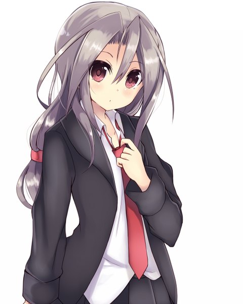 Anime picture 1024x1280 with kantai collection zuihou light aircraft carrier wakaba destroyer amano kouki single long hair tall image looking at viewer blush simple background white background purple eyes purple hair cosplay adjusting necktie hatsushimo (kantai collection) (cosplay) girl bow hair bow necktie