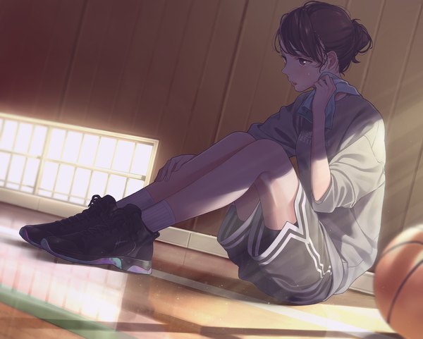 Anime picture 3216x2580 with original aiko (aiko 54) single blush fringe highres short hair open mouth brown hair sitting holding brown eyes looking away absurdres full body bent knee (knees) indoors sunlight hair bun (hair buns) sweat