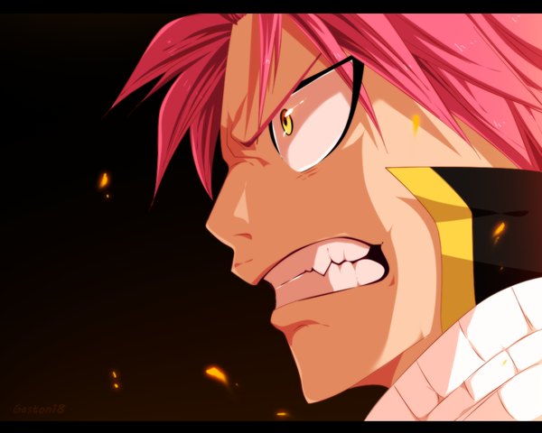 Anime picture 1000x800 with fairy tail natsu dragneel tongasart single short hair yellow eyes pink hair profile grin coloring dark background letterboxed close-up face angry boy scarf
