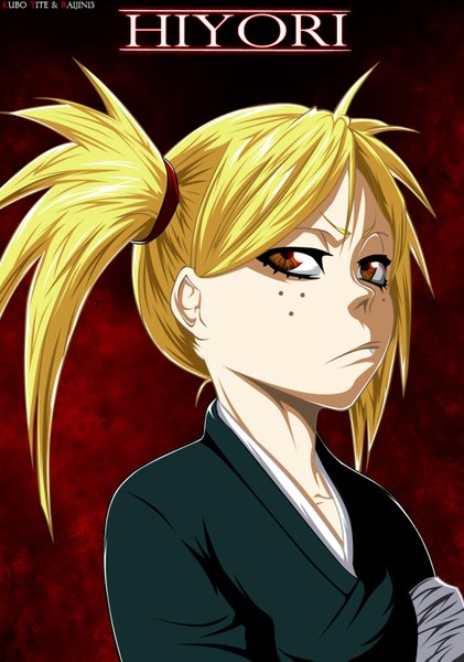 Anime picture 1024x1459 with bleach studio pierrot sarugaki hiyori raijin13 tall image short hair blonde hair twintails brown eyes japanese clothes inscription coloring portrait short twintails face red background freckles kimono
