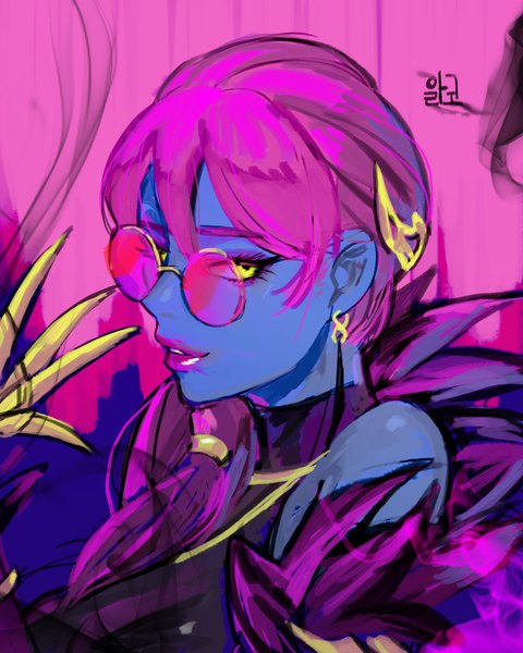 Anime picture 800x1000 with league of legends k/da (league of legends) evelynn (league of legends) k/da evelynn alraco single long hair tall image looking at viewer yellow eyes pink hair lipstick portrait pink lipstick blue skin girl earrings sunglasses