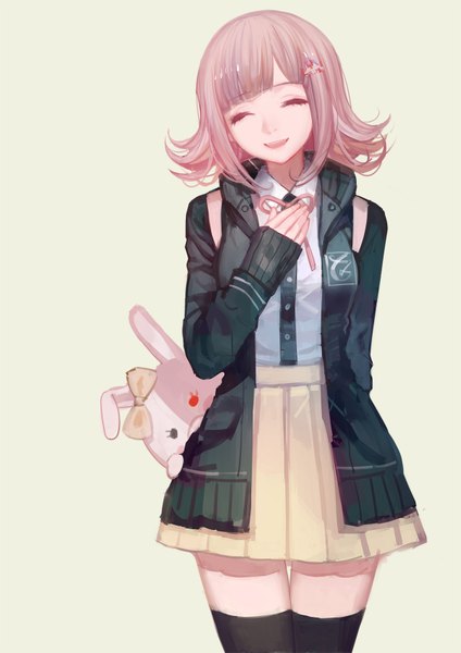 Anime picture 1200x1697 with dangan ronpa super dangan ronpa 2 nanami chiaki monomi ask (askzy) single tall image fringe short hair breasts open mouth standing pink hair eyes closed pleated skirt girl thighhighs skirt uniform bow