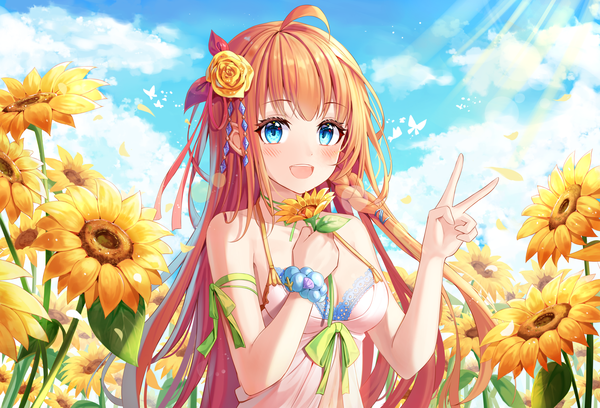 Anime picture 2934x2000 with princess connect! re:dive princess connect! pecorine (princess connect!) niji (rudduf232) single long hair looking at viewer blush fringe highres breasts open mouth blue eyes smile brown hair holding sky cloud (clouds) upper body ahoge