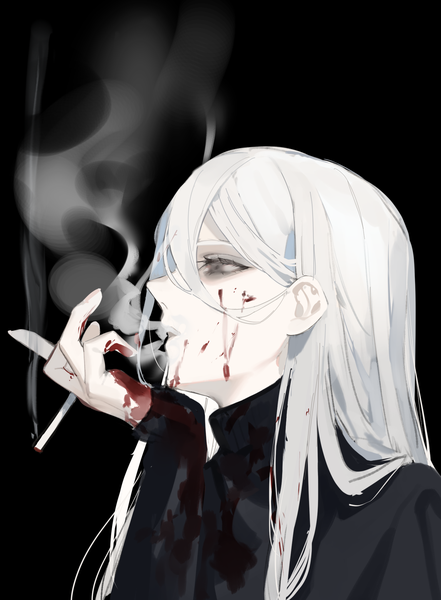 Anime picture 1500x2040 with original zumi (neronero126) single long hair tall image simple background looking away upper body white hair profile black eyes black background smoke blood on face bloody clothes androgynous boy blood turtleneck cigarette