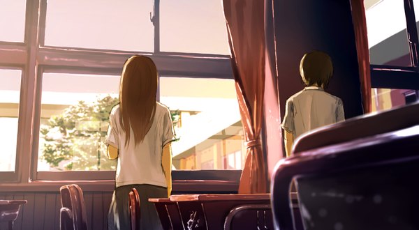 Anime picture 2000x1100 with original loundraw long hair highres short hair brown hair wide image sunlight couple back girl boy uniform plant (plants) school uniform tree (trees) window curtains school