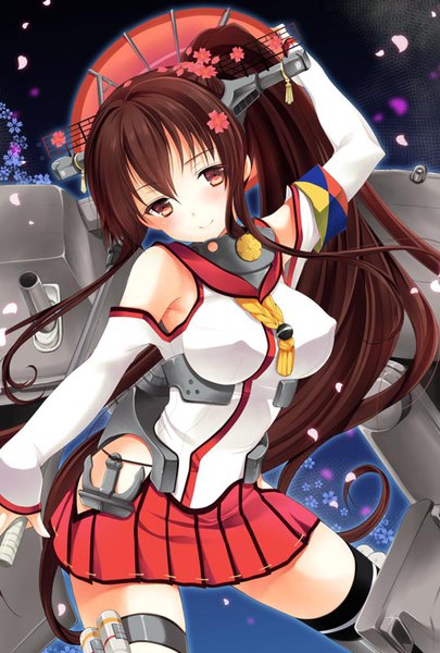 Anime picture 540x800 with kantai collection yamato super battleship azuma yuki tall image looking at viewer blush fringe light erotic smile hair between eyes brown hair brown eyes ponytail very long hair pleated skirt hair flower girl skirt hair ornament flower (flowers)