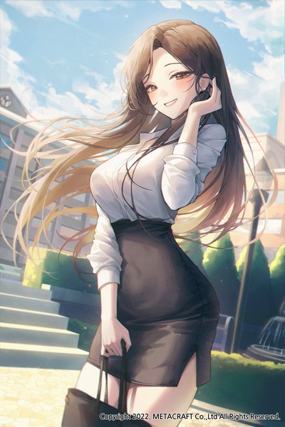 Anime picture 2000x3000 with original meoyo single long hair tall image looking at viewer blush fringe highres breasts smile brown hair standing holding brown eyes sky cloud (clouds) outdoors arm up wind