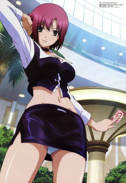 Anime picture 4077x5935 with rio rainbow gate! megami magazine rio rollins single tall image highres short hair light erotic smile green eyes absurdres red hair official art midriff girl skirt underwear panties miniskirt choker