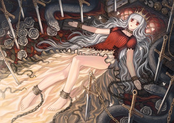 Anime picture 1400x990 with original jjwww love single long hair red eyes white hair barefoot girl dress flower (flowers) weapon sword insect butterfly chain crown snake shackles