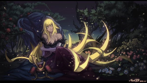 Anime picture 1706x960 with kizumonogatari shaft (studio) monogatari (series) kissshot acerolaorion heartunderblade madyy single looking at viewer highres breasts wide image large breasts sitting signed yellow eyes cleavage very long hair night glowing girl dress