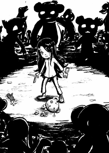 Anime picture 753x1060 with original arkamui long hair tall image open mouth black hair shadow monochrome blank eyes zombie girl child (children) teddy bear scissors mittens