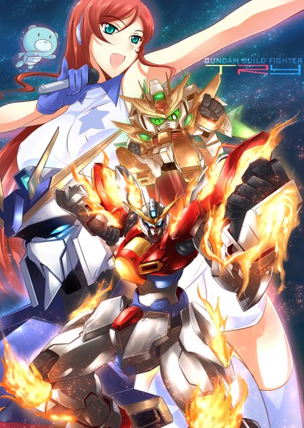 Anime picture 900x1266 with mobile suit gundam gundam build fighters sunrise (studio) kamiki mirai haganef long hair tall image breasts open mouth light erotic large breasts green eyes red hair erect nipples covered nipples girl thighhighs gloves microphone robot