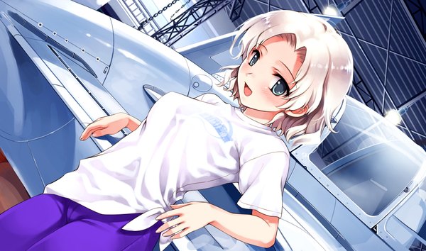 Anime picture 2048x1210 with suiheisen made nan mile? hanami mariya misaki kurehito single looking at viewer blush highres short hair breasts open mouth blue eyes blonde hair wide image large breasts indoors arched back girl pants t-shirt aircraft