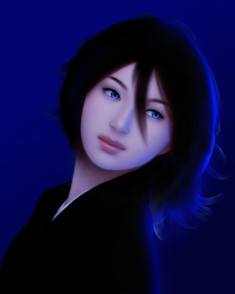 Anime picture 900x1125 with bleach studio pierrot kuchiki rukia gothic-icecream single tall image short hair blue eyes black hair simple background traditional clothes japanese clothes lips realistic portrait blue background girl kimono