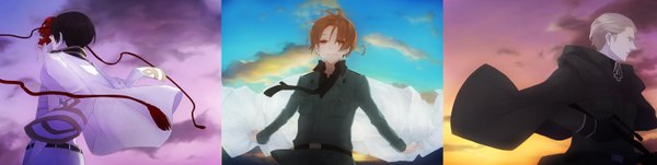 Anime picture 2964x750 with axis powers hetalia studio deen japan (hetalia) germany (hetalia) north italy (hetalia) hachiro (artist) looking at viewer highres short hair black hair blonde hair brown hair wide image standing brown eyes sky cloud (clouds) profile light smile wind