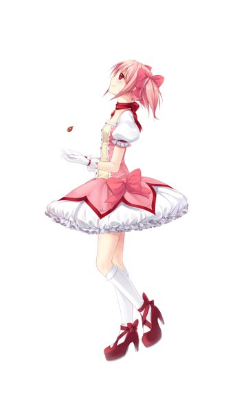 Anime picture 783x1300 with mahou shoujo madoka magica shaft (studio) kaname madoka itou nanami single tall image blush short hair simple background smile red eyes white background twintails pink hair profile high heels short twintails girl dress gloves