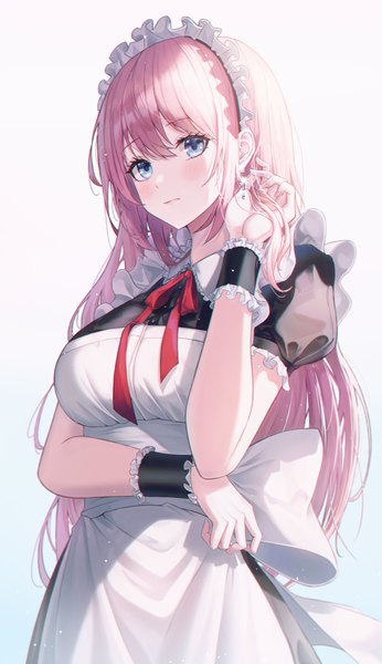 Anime picture 922x1600 with original fall (aki) single long hair tall image looking at viewer blush fringe breasts blue eyes simple background hair between eyes standing pink hair arm up sparkle short sleeves maid puffy sleeves gradient background
