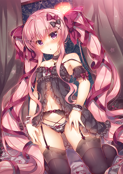 Anime picture 1158x1637 with original lilia chocolanne suzunone rena single tall image looking at viewer blush fringe light erotic hair between eyes purple eyes twintails payot pink hair very long hair kneeling ass visible through thighs strap slip :< girl