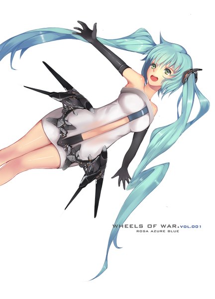 イラスト 1000x1387 と ボーカロイド vocaloid append 初音ミク 初音ミクappend x x (artist) ソロ 長身像 開いた口 simple background 白背景 ツインテール 肩出し 緑の目 very long hair aqua hair inscription 女の子 手袋 長手袋