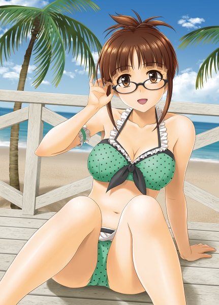 Anime picture 862x1200 with idolmaster akizuki ritsuko hida tatsuo single tall image looking at viewer short hair breasts open mouth light erotic brown hair brown eyes sky cloud (clouds) beach girl swimsuit plant (plants) bikini tree (trees)