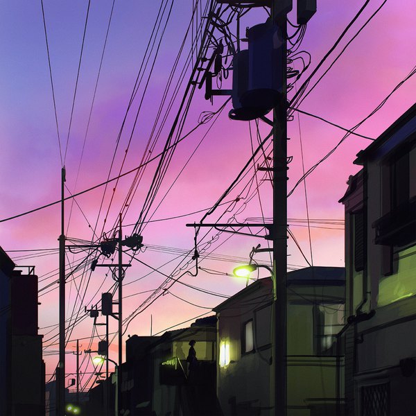 Anime picture 1080x1080 with original ilya kuvshinov single short hair sky evening sunset street girl building (buildings) bag lantern wire (wires) shoulder bag house power lines