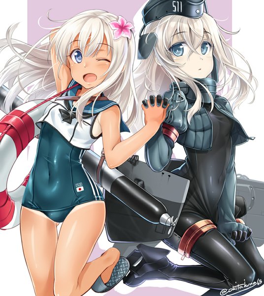 Anime picture 893x1000 with kantai collection ro-500 submarine u-511 submarine okitakung long hair tall image looking at viewer blush open mouth light erotic multiple girls signed white hair one eye closed hair flower wink high heels pale skin tan tan lines