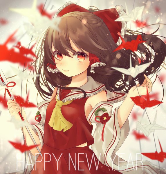 Anime picture 1936x2031 with touhou hakurei reimu youtan single long hair tall image looking at viewer fringe highres smile hair between eyes red eyes brown hair depth of field floating hair new year happy new year girl detached sleeves ascot