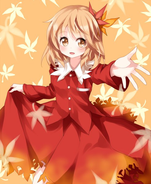 Anime picture 1700x2072 with touhou aki shizuha ruu (tksymkw) single tall image looking at viewer blush fringe short hair open mouth blonde hair standing yellow eyes outstretched hand yellow background girl skirt hair ornament shirt leaf (leaves)