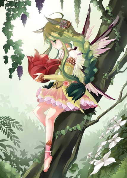 Anime picture 750x1050 with original hamifr single long hair tall image fringe bare shoulders green eyes animal ears ahoge bent knee (knees) blunt bangs braid (braids) multicolored hair barefoot hair flower green hair bare legs legs looking down