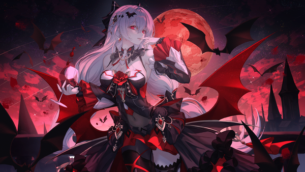 Anime-Bild 2000x1125 mit honkai impact 3rd honkai (series) theresa apocalypse theresa apocalypse (luna kindred) theresa apocalypse (lunar vow: crimson love) neon (pixiv 31150749) single looking at viewer fringe highres breasts open mouth smile hair between eyes red eyes wide image standing bare shoulders silver hair outdoors