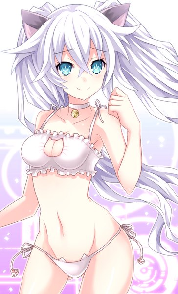 Anime picture 510x840 with choujigen game neptune noire black heart hinano single long hair tall image blush fringe light erotic smile hair between eyes twintails bare shoulders animal ears looking away white hair aqua eyes wind cat ears